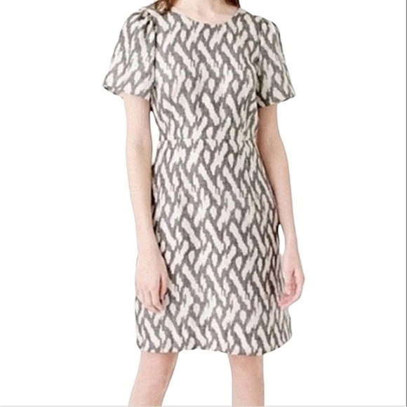 J. Crew black and cream 100% silk flutter sleeve ikat print knee length dress 0 - Picture 1 of 8